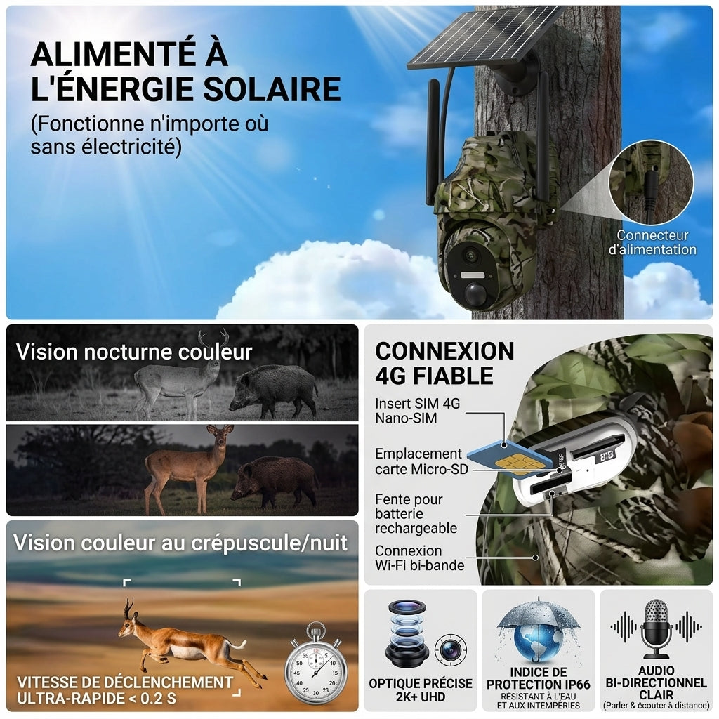 Caméra de chasse solaire 4G avec détection PIR et vision nocturne HD
